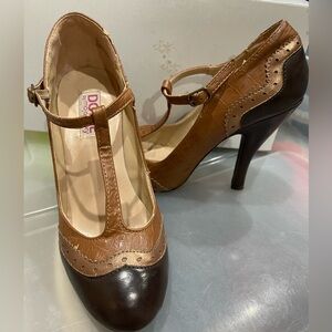 Women Brown Gold Maryjane High Heel Shoes size 8
